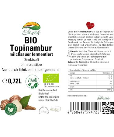  Bleichhof BLEICHHOF Organic Jerusalem artichoke juice - Direct juice fermented with milky acid vegan (6 x 0.72 l) - Buy Online on GoSupps.com