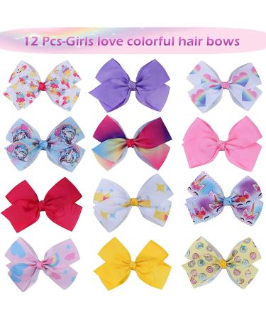 12Pcs Rainbow Heart Hair Bows for Girls - Colorful Grosgrain Ribbon Clips | Kids, Toddlers, Teens - 12 Multi Colors - Buy Online on GoSupps.com