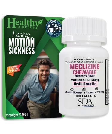 SDA Labs Meclizine HCL 25 mg Chewable Raspberry 100 Tablets and Vital Volumes Motion Sickness Tips Card | Bundle