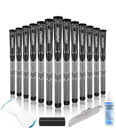 CHAMPKEY Comfortable Golf Grips Set of 13 - Choose Between 13 Grips with 15 Tapes and 13 Grips with All Repair Kits Black&Grey(Repair Kits Included) Midsize