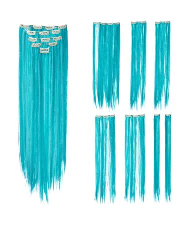 SWACC 7 Pcs Full Head Party Highlights Clip on in Hair Extensions Colored Hair Streak Synthetic Hairpieces (22-Inch Straight  Teal Blue)