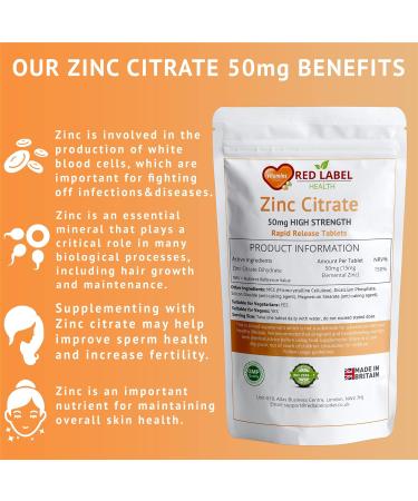 Zinc Citrate 50mg 90 Tablets (3 Months Supply) - High Strength Vegan Supplement for Immune Function, Fertility, Healthy Bones, Vision, Hair, Nails & Skin - Made in UK - 90 Count - Buy Online on GoSupps.com