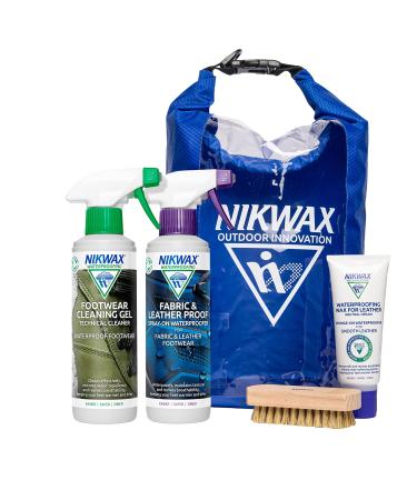 Nikwax Hiking Care Kit - Trainer Cleaning Kit and Leather Boot Waterproofing - Shoe Cleaner Kit Includes Footwear Cleaning Gel Fabric & Leather Proof Waterproofing Wax for Leather Brush and Dry Bag - Buy Online on GoSupps.com