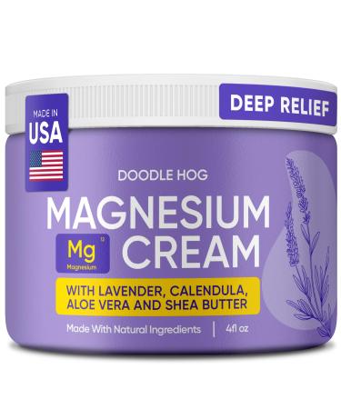 DOODLE HOG Lavender Magnesium Cream - Soothing Relief & Feet Knee Muscle Relaxer Cream with Calendula Aloe Vera Shea Butter - Topical Magnesium Lotion for Sleep - USA Made - (4 oz Lavender) Adult Lavender