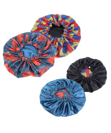 Qianmome Women Double-Layer Extra Large Print Satin Bonnet Sleep Cap African Pattern Fabric Ankara Bonnets 2pcs Peacock&black