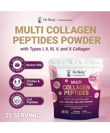Dr. Berg Multi Collagen Peptides Powder Types I II III V X - Unflavored Collagen Powder w/ 14 g of Protein - Grass-Fed Pasture-Raised & Wild-Caught Collagen Sources - 25 Servings - Buy Online on GoSupps.com