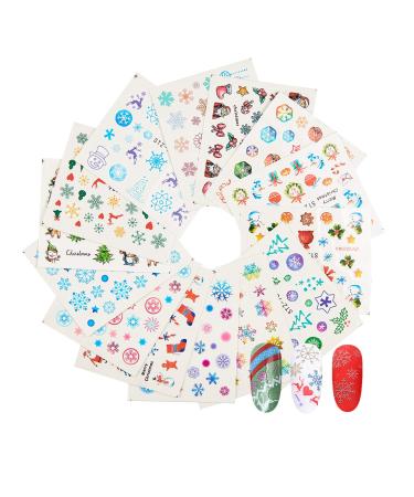 NICENEEDED 15 Sheets Christmas Theme Nail Art Stickers Water Transfer Stickers Nail Art Decals With Tweezer Plastic Cuticle Pusher Scissors For DIY Nail Decoration(Style 2)