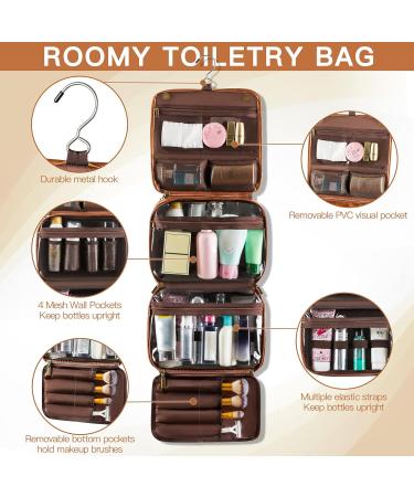 Elviros Hanging Toiletry Bag - Multifunctional Travel Organizer for Men and Women - Water-resistant PU Leather Dopp Kit - Brown - Buy Online on GoSupps.com