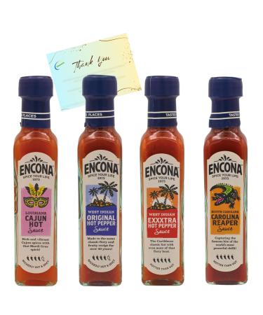 Hot Sauce Bundle with Encona 142ml Cajun Hot Original Hot Pepper Exxxtra Hot Pepper Carolina Reaper and Glameno Thank You Card
