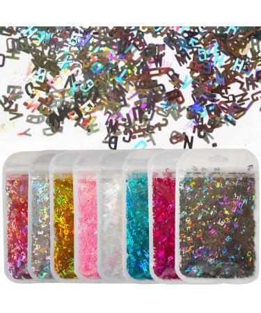 8 Colors Holographic Letter Chunky Glitter Flakes Number Shaped Confetti Sparkles Nail Sticker Manicure Establishment for Epoxy Resin Slime Crafts Nails Art Laser Letter