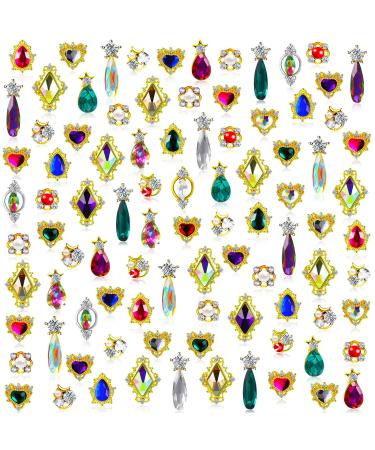 150 Pieces 3D Nail Charms Heart Drop Nail Rhinestones Mix Sizes Nail Rhinestones AB Iridescent Nail Gems and Charms Gold Alloy Nail Studs Crystal for Women Girls Nail Decorations DIY Manicure