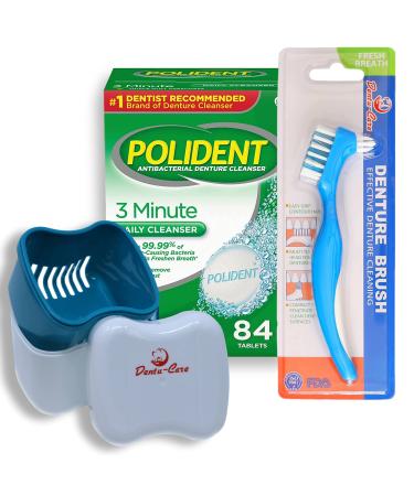 Polident 3 minutes Denture Cleaner 84 Tablets Bundle Dentu-Care Denture Case and Brush | Easy To Maintain Good Clean Full/Partial Dentures Mouthguards | No More Spongy Painful Gums