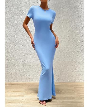 Maxi Dress for Women Short Sleeve Solid Color Round Neck Sexy Soft Elegant Long Bodycon Dresses M Blue - Buy Online on GoSupps.com