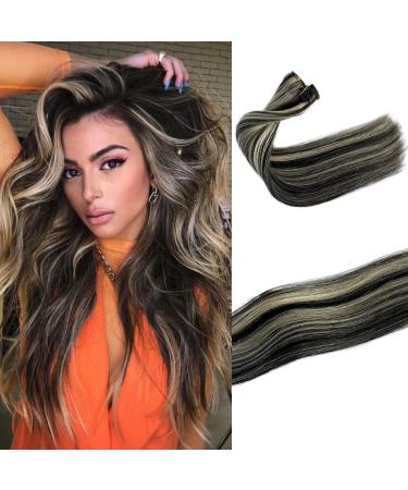 Human Hair Clip in Extensions 70g 7pcs Clip in Human Hair Extensions Straight Remy Hair Clip in Extensions 20inch Black with Light Blonde Balayage Hair Extensions Clip on 20 Inch #1P613