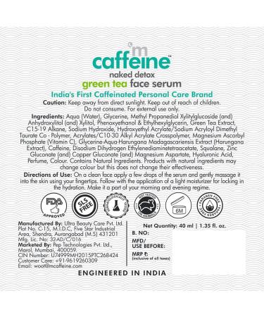 mCaffeine Naked Detox Green Tea Face Serum - Reveals Hydrated Glowing Skin with Vitamin C - Antioxidant Rich Quick Absorbing Water-Based - 40 ml - Buy Online on GoSupps.com