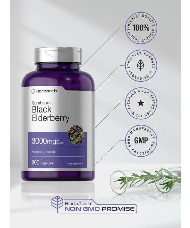 Horbaach Black Elderberry Capsules 3000mg | 300 Count Non-GMO Gluten Free | Sambucus Supplement - Buy Online on GoSupps.com