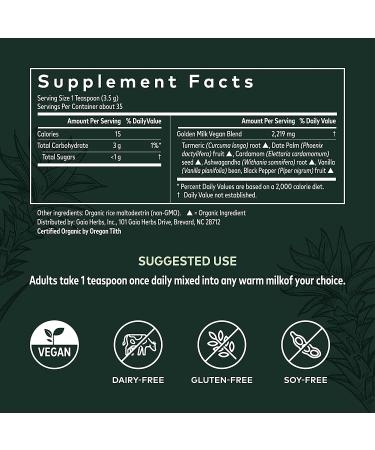 Gaia Herbs Golden Milk Supplement Powder - Organic Turmeric, Ashwagandha, Dates & More - 4.3 Oz (35-Day Supply) - Buy Online on GoSupps.com
