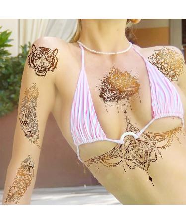 COKTAK 9 Sheets Large Gold Metallic Temporary Tattoos - 88+ Designs for Women - Tribal Bohemia 3D Flash Fake Golden Tattoo Stickers - Realistic Glitter Snake, Moon Lotus Body Art - Buy Online on GoSupps.com