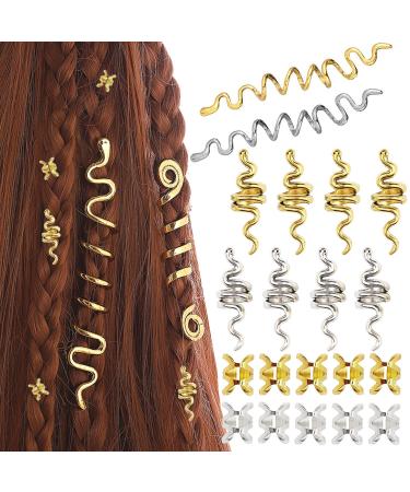 NAISKA 20PCS Loc Snake Hair Jewelry for Women Braids Serpent Dreadlock Accessories Hair Beads Braid Coils Hair Clips Rings Cuffs Men Braids Beard DIY Decoration(Gold & Silver)