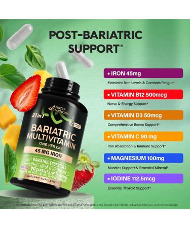 Bariatric Multivitamin - 45 mg Iron Supplements - Made in USA - for Women & Men - All-in-One 21 Essential Vitamins - Gastric Sleeve Support - Free of Sugar Gluten & Soy - 90 Capsules Once Daily 90 Count (Pack of 1) - Buy Online on GoSupps.com