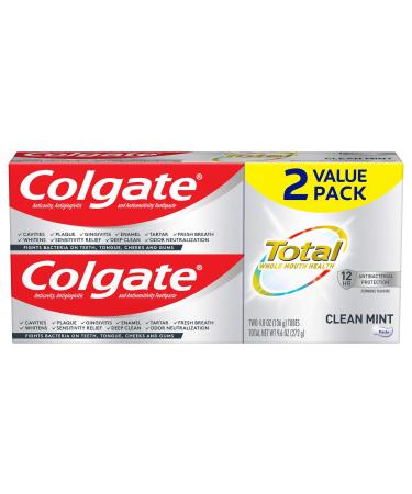 Colgate Total Toothpaste, Clean Mint, 9.6 Ounce (2-Pack) 2 Pack Clean Mint