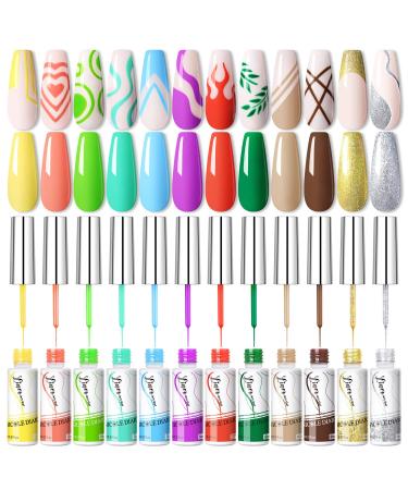 NICOLE DIARY Nail Art Gel Liner Polish - 12 Summer Neon Colors Gel Polish for French Tip, Swirl Nails, DIY Manicure Nail Art Polish Liner Gel 12 Colors