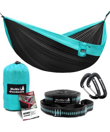 Lightweight Double Camping Hammock - Adjustable Tree Straps & Ultralight Carabiners Included - Two Person Best Portable Parachute Nylon Hammocks for Hiking, Backpacking, Travel & Backyard - Easy Setup Black/Sky Blue