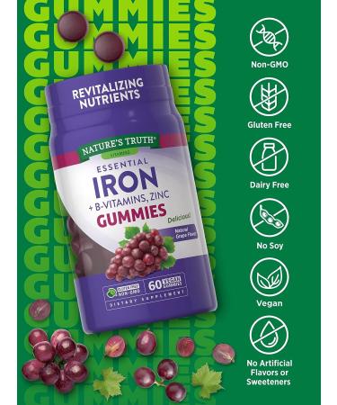 Iron Gummies 60ct Vegan Non-GMO & Gluten-Free Supplement with B Vitamins & Zinc Grape Flavor by Natures Truth - Buy Online on GoSupps.com