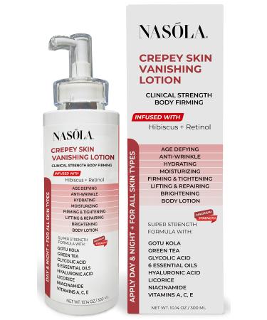 Nasola Crepe Erase Advanced Body Repair Treatment Lotion with Retinol and Hibiscus  Skin Tightening and Lifting Cream Moisturizer for Dry Aging Skin includes Vitamin A  E  and C  and Green Tea  10.14 Oz