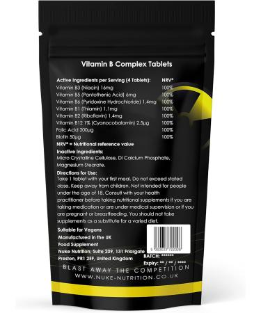 Nuke Nutrition Vitamin B Complex - 120 Tablets - High Strength Complete B Vitamins Supplement - Natural & Strong Formula - 120 Count - Buy Online on GoSupps.com