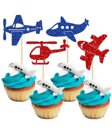 Gyufise 24Pcs Airplane Cupcake Toppers Glitter Aircraft Plane Cupcake Picks Airplane Cake Toppers for Airplane Theme Party Birthday Cake Decoration Supplies Multi 3