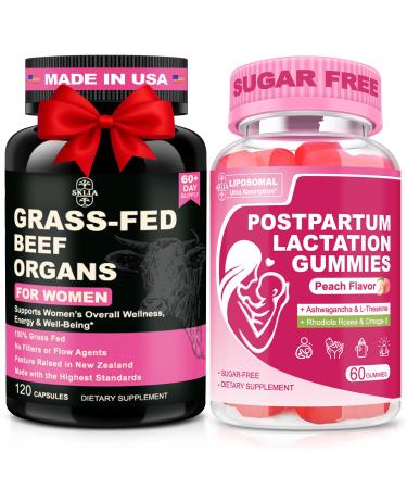SKLIA Liposomal Lactation Supplement Gummies for Nursing Moms Beef Organ Supplement for Women Bundle | Lactation Support Gummies & Grass Fed Beef Liver Kidney Uterus Ovary Capsules