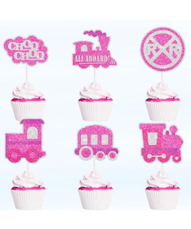 Pink Glitter Kids Train-Themed Happy Birthday Cupcake Toppers Set of 18 - Perfect for a girl's train birthday party baby shower party or themed railroad party Choo-choo decorations - SugarGera