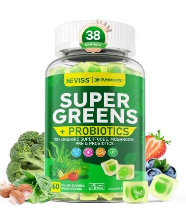 Organic Super Greens Daily Gummies + Probiotics, Spirulina, Chlorella, Spinach, Broccoli, Fiber, Fruits Veggies, Mushroom - Greens Powder Superfood Alternative, Natural Energy, Sugar Free Vegan, 60Cts 60 Count (Pack of 1)