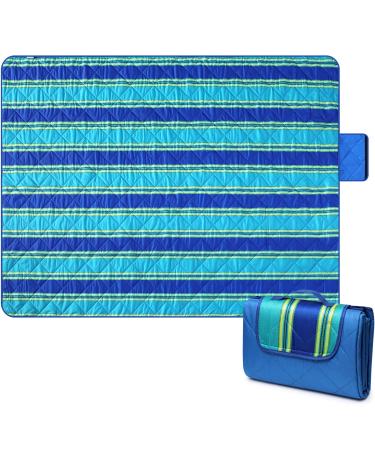 Bertte Outdoor Blanket Large Beach Camping Picnic Blanket Oversized Hiking Park Waterproof Sand Free Handy Compact Mat Durable Foldable Machine Washable Rug Blue Stripe 79" x 59"