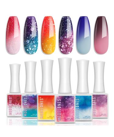 Modelones Color Changing Gel Nail Polish - 6 Colors 10ml Pink Glitter Blue Mood Temperature Change Gel Polish Set Soak Off Nail Polish DIY Home Salon LED Nail Art Manicure Festival Gift for Women Girl A1 B Red Yellow Color Changing