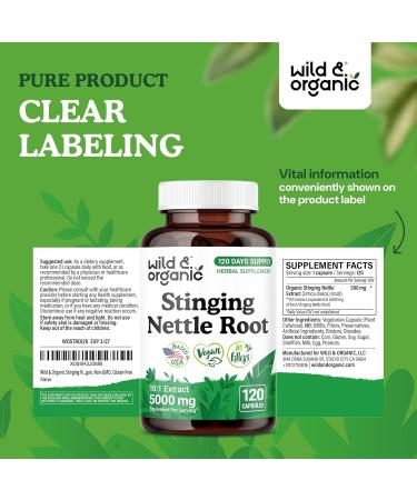 Wild & Organic Stinging Nettle Root Capsules 5000 mg - Urinary Support Supplement for Men & Women - 10:1 Stinging Nettle Root Extract - 120 Vegan Capsules - 120 Days Supply - Gluten-Free No Fillers 120 Count (Pack of 1) - Buy Online on GoSupps.com