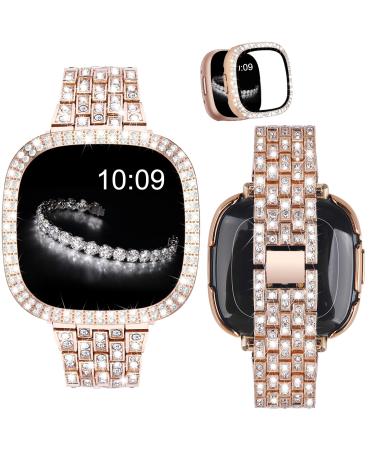 V-MORO Compatible with Fitbit Sense 2/Versa 4 Bands for Women with Protective Case Cover Luxurious Bling Diamond Stainless Steel Strap Replacement for Fitbit Versa 4/Sense 2-Rose Gold