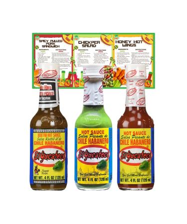 Go2 Groceries The hot chili sauce set contains El Yucateco Green Habanero XXXTRA Hot Kutbil-ik-de Salsa and Red Habanero (120 ml each) with recipe cards