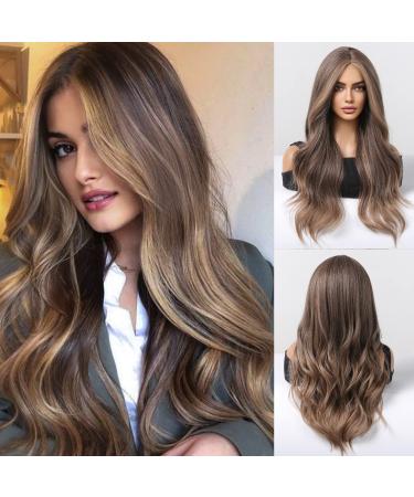HAIRCUBE Long Brown Wavy Wigs for Women with Highlights Synthetic Curly Hair Wig with Middle Parting Mixed Brown with Highlights