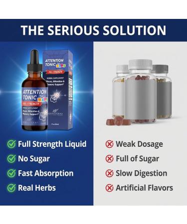 Attention Tonic for Kids Full Strength Liquid Focus Supplement Natural Concentration & Memory Support with Ginkgo Gotu Kola & Rhodiola Fast-Acting Alcohol-Free & Sugar-Free 1 fl oz (30ml) - Buy Online on GoSupps.com