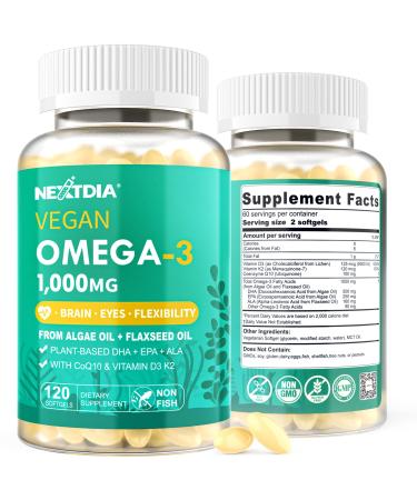 2 Pack Vegan Omega 3 D3 K2 CoQ10 Supplement Plant Based DHA EPA ALA for Women Men Omega 3 Organic Algae Flaxseed Oil Supplement for Bone Brain Eye & Immune Support No Carrageenan 240 Softgels 120 Count (Pack of 2)