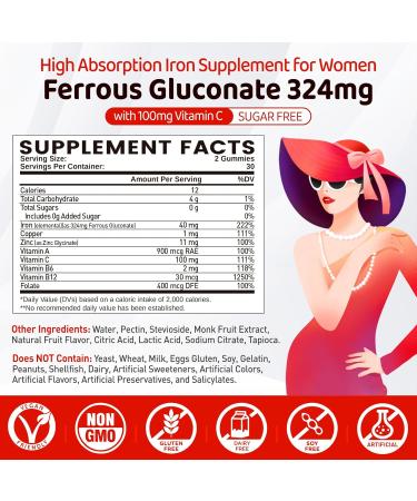 Iron Gummies for Women Teen Girls, Ferrous Gluconate 324 mg with Vitamin C, Iron Supplement Plus Vitamin A, B, Folate, Copper, Zinc, Energy & Blood Support, Immune Health, Sugar Free 60 Gummies - Buy Online on GoSupps.com