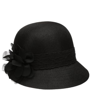 Women's Gatsby Linen Cloche Hat with Lace Band and Flower Black