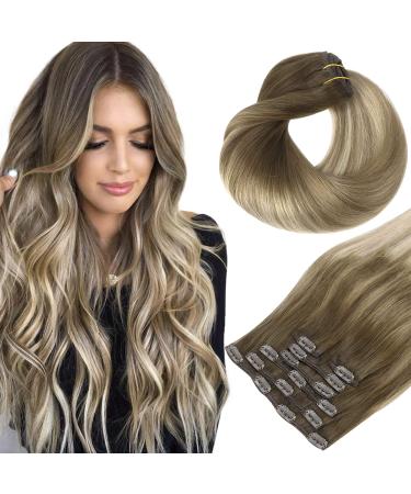 Clip in Hair Extensions, hotbanana Walnut Brown to Ash Brown and Bleach Blonde 120g Clip in Hair Extensions Real Human Hair Straight Remy Hair Clip in Hair Extensions 18 inch 7pcs 18 Inch-120g(7pcs) A-#3/8/613 Walnut Brown to Ash Brown and Bleach Blonde