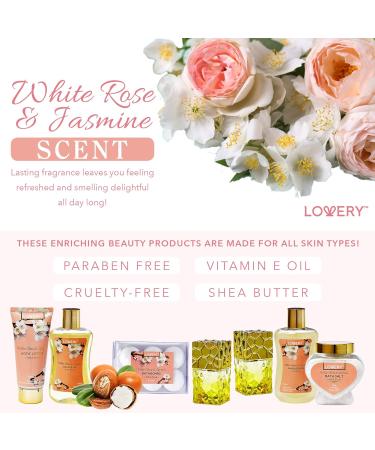 Luxury Perfume Set & Bath Body Gift Basket for Women - 13pc White Rose & Jasmine Spa Set with Bath Bombs & Gold Holder - Buy Online on GoSupps.com