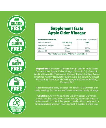 Chewy Vites Adults Superfoods Apple Cider Vinegar Gummies - 60 Gummies | 500mg ACV, Vitamin C | Vegan & Real Fruit Juice | 100% RI Vitamin C - Buy Online on GoSupps.com