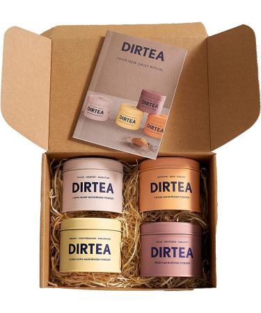DIRTEA Mushroom Powder Gift Set | 100% Organic | Lions Mane Chaga Cordyceps Reishi | for Defence Improved Skin & Energy | Suitable for Tea Coffee and Smoothies | 4 Tins Boxset - 30 Servings Variety