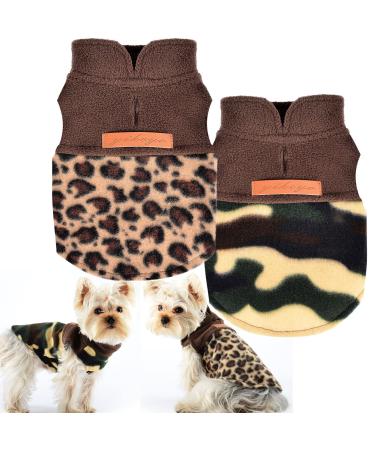 2 Pieces Small Dog Sweater, Chihuahua Sweater Fleece Clothes with Leash Hole, Winter Warm Puppy Sweaters Boys Girls Tiny Dog Outfits for Teacup Yorkie (Large) Leopard Print, Camouflage Large
