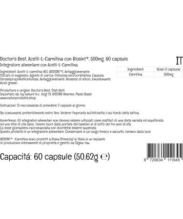 Doctor's Best Acetyl-L-Carnitine 500mg 60 Vegan Capsules - Laboratory Tested, Gluten-Free, SOYA-Free, Vegetarian, Non-GMO - Buy Online on GoSupps.com